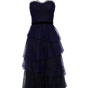 Marchesa Notte Strapless Tiered Glittered Tulle Gown Midnight Blue/Purple Size 8